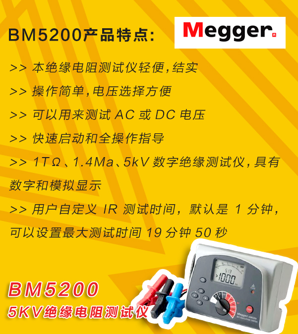 MEGGER,<a href='http://fsaowin.com/tongyi.html'>絕緣電阻</a>測(cè)試儀,BM5200
